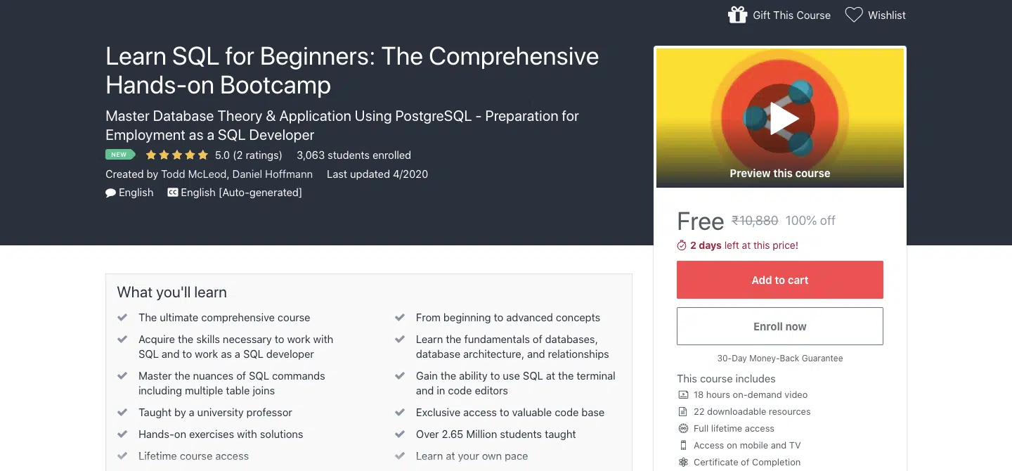 Learn SQL for Beginners: The Comprehensive Hands-on Bootcamp