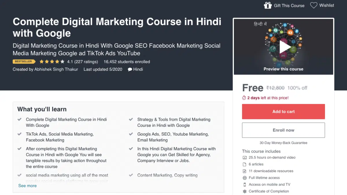 Complete Digital Marketing Course in Hindi with Google | 100% Off